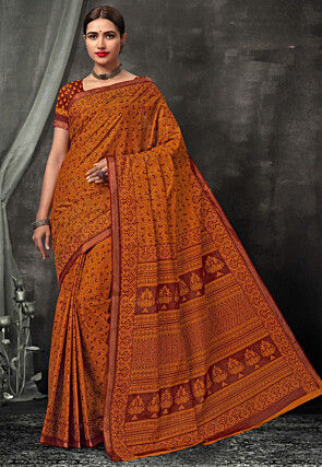 Digital Printed Cotton Saree in Orange