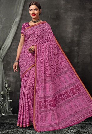 Digital Printed Cotton Saree in Pink