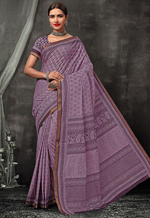 Digital Printed Cotton Saree in Purple