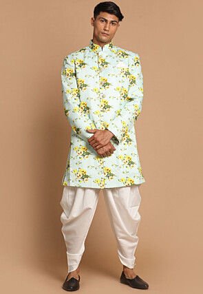Digital Printed Poly Cotton Sherwani in Sea Green