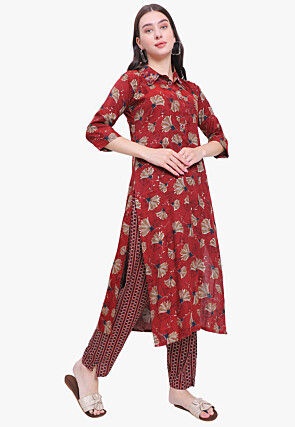 Digital Printed Poly Cotton Straight Kurta Set in Maroon