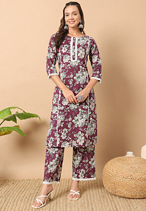 Digital Printed Poly Cotton Straight Kurta Set in Wine