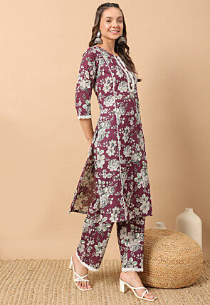 Digital Printed Poly Cotton Straight Kurta Set in Wine