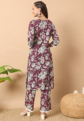 Digital Printed Poly Cotton Straight Kurta Set in Wine