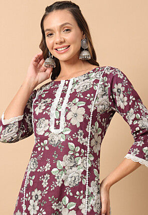 Digital Printed Poly Cotton Straight Kurta Set in Wine