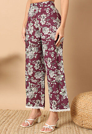 Digital Printed Poly Cotton Straight Kurta Set in Wine