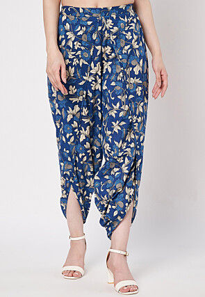 Digital Printed Poly Cotton Tulip Pant in Blue