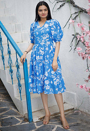 Digital Printed Polyester Aline Dress in Blue
