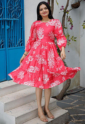 Digital Printed Polyester Aline Dress in Red