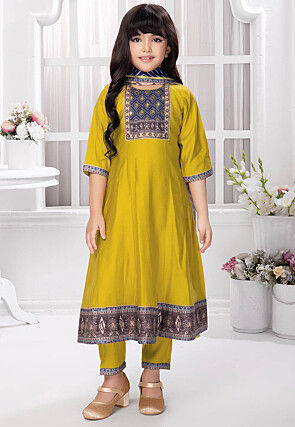 Digital Printed Polyester Anarkali Suit in Olive Green