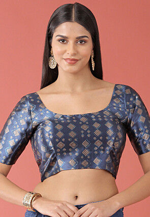 Digital Printed Polyester Blouse in Navy Blue
