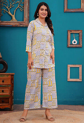 Digital Printed Polyester Co Ord Set in Off White