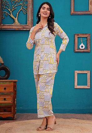 Digital Printed Polyester Co Ord Set in Off White