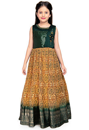 Digital Printed Polyester Gown with Attached Dupatta in Mustard and Green