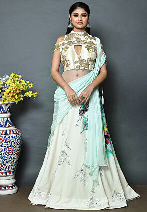 Digital Printed Polyester Gown with Attached Dupatta in Sky Blue