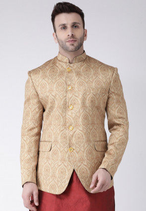 Digital Printed Polyester Jodhpuri Jacket in Beige