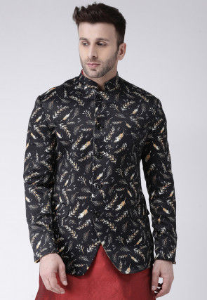 Digital Printed Polyester Jodhpuri Jacket in Black