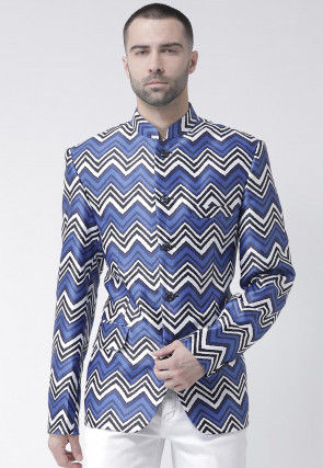 Digital Printed Polyester Jodhpuri Jacket in Blue and White