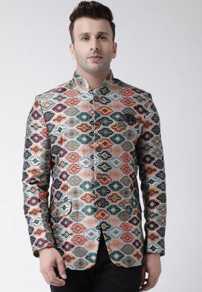 Digital Printed Polyester Jodhpuri Suit in Multicolor