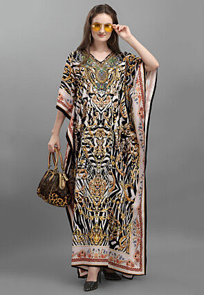 Digital Printed Polyester Kaftan in Black and White