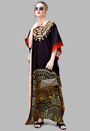 Digital Printed Polyester Kaftan in Black