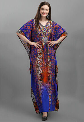 Digital Printed Polyester Kaftan in Blue