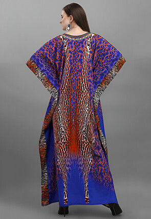 Digital Printed Polyester Kaftan in Blue
