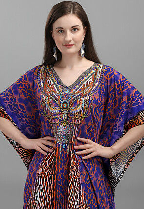 Digital Printed Polyester Kaftan in Blue