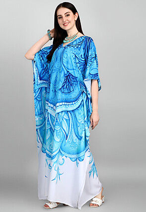 Digital Printed Polyester Kaftan in Blue