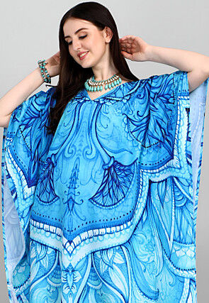 Digital Printed Polyester Kaftan in Blue