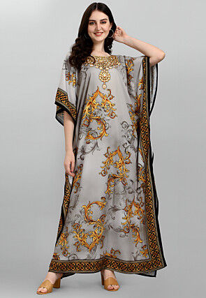 Digital Printed Polyester Kaftan in Grey