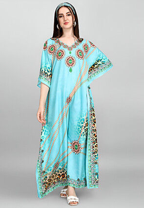Digital Printed Polyester Kaftan in Light Blue
