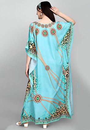 Digital Printed Polyester Kaftan in Light Blue