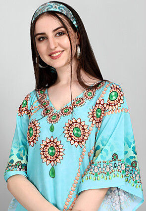 Digital Printed Polyester Kaftan in Light Blue
