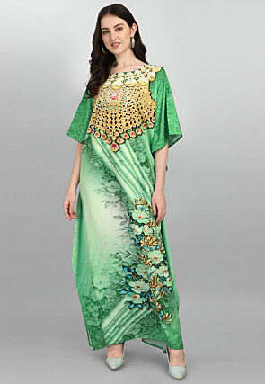 Digital Printed Polyester Kaftan in Light Green