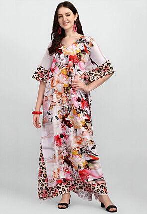 Digital Printed Polyester Kaftan in Off White