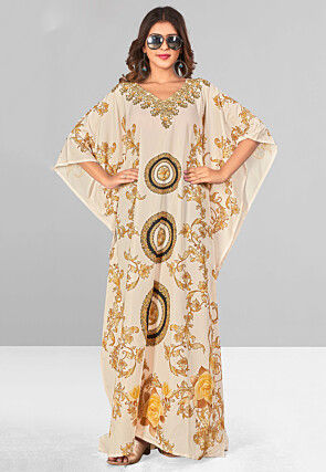 Digital Printed Polyester Kaftan in Off White