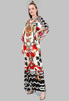 Digital Printed Polyester Kaftan in Off White