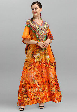 Digital Printed Polyester Kaftan in Orange
