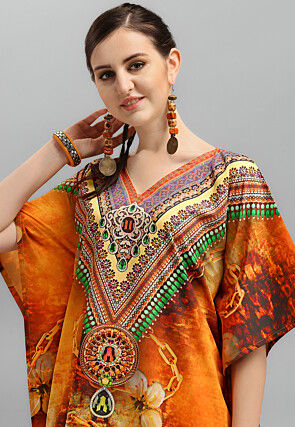 Digital Printed Polyester Kaftan in Orange