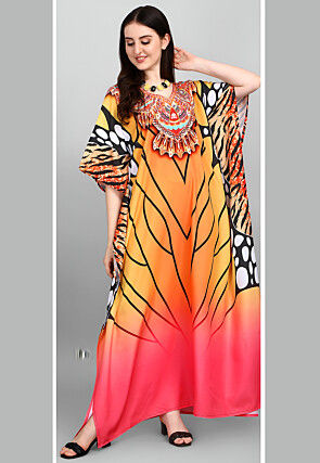 Digital Printed Polyester Kaftan in Orange