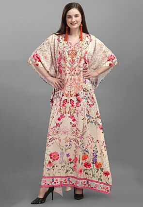 Digital Printed Polyester Kaftan in Peach