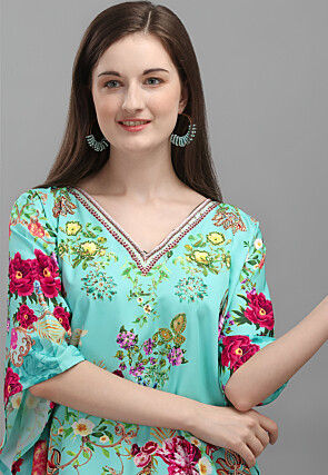 Digital Printed Polyester Kaftan in Sea Green