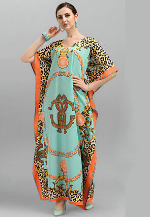 Digital Printed Polyester Kaftan in Sea Green