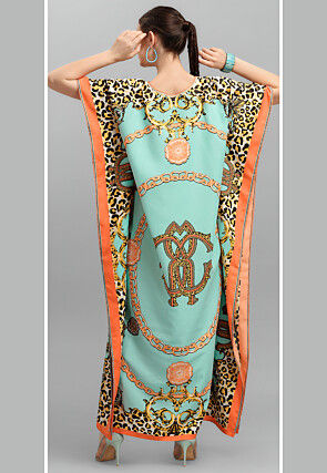 Digital Printed Polyester Kaftan in Sea Green