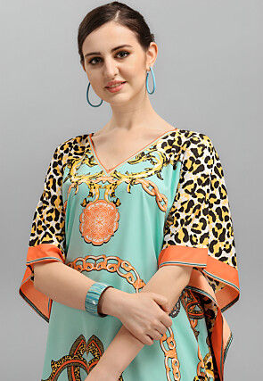 Digital Printed Polyester Kaftan in Sea Green