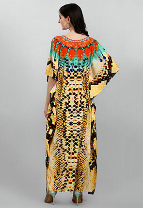 Digital Printed Polyester Kaftan in Yellow