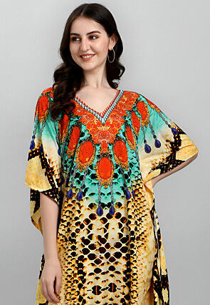 Digital Printed Polyester Kaftan in Yellow