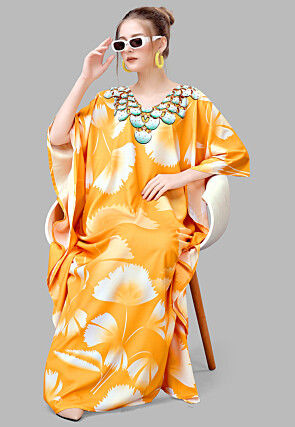 Digital Printed Polyester Kaftan in Yellow