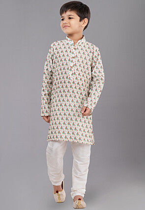 Digital Printed Polyester Kurta Set in Off White